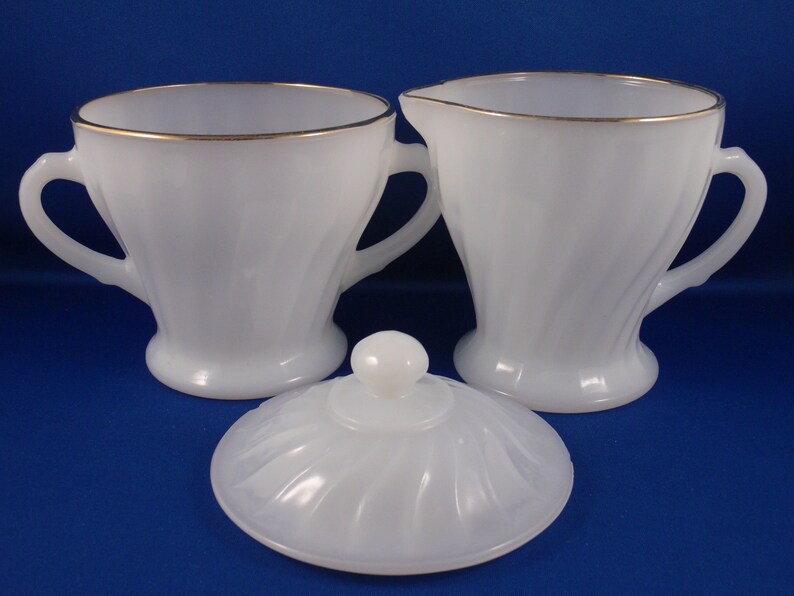 FIRE KING Golden Swirl / Shell Milk Glass Creamer and Lidded Etsy