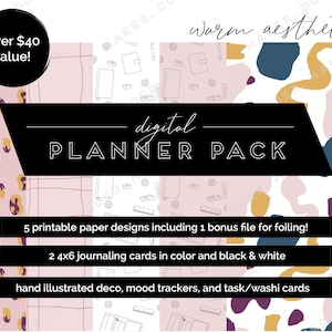 May include: Digital planner pack with warm aesthetic. Includes 5 printable paper designs, 2 journaling cards, and hand illustrated deco, mood trackers, and task/washi cards. Over $40 value!