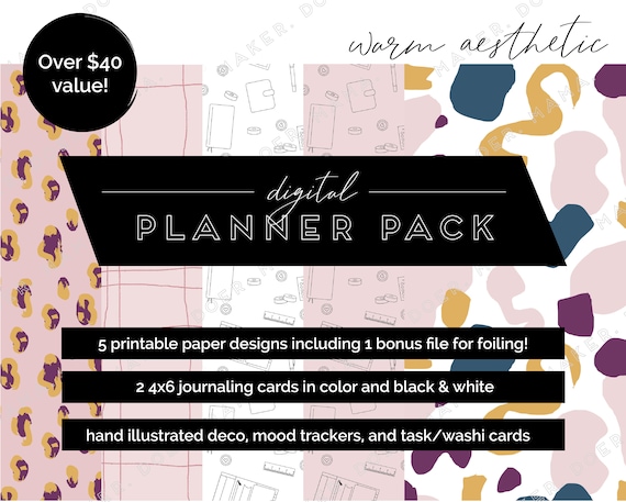 Abstract Minimal Digital Printable Planner Pack with Printable Vellum for Foiling, Journal Cards, Hand illustrated artwork, task cards
