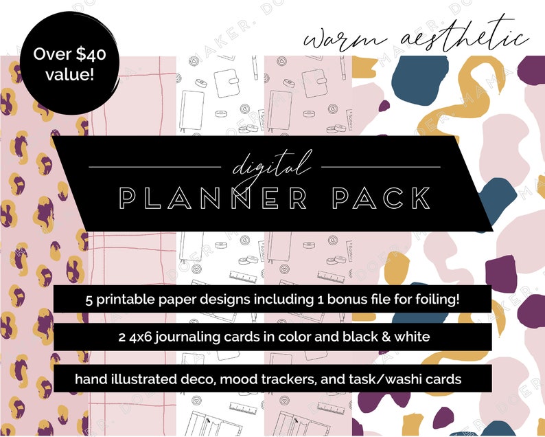 May include: Digital planner pack with warm aesthetic. Includes 5 printable paper designs, 2 journaling cards, and hand illustrated deco, mood trackers, and task/washi cards. Over $40 value!