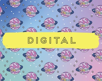 May include: A digital illustration of a repeating pattern of planets with the text "real spacey" on each planet. The background is a gradient of blue, purple, and pink with white stars. The text "DIGITAL" is written in black on a yellow rectangle.