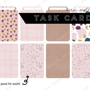 May include: Set of eight printable task cards with a warm aesthetic. The cards feature different patterns including pink and brown gingham, leopard print, abstract shapes, and a pattern of office supplies. The text "Warm aesthetic TASK CARDS" is at the top of the image.
