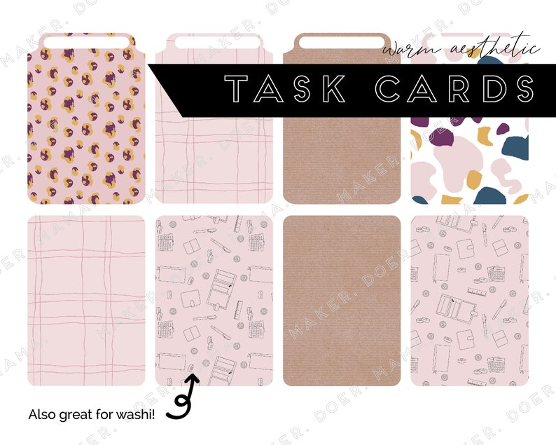 May include: Set of eight printable task cards with a warm aesthetic. The cards feature different patterns including pink and brown gingham, leopard print, abstract shapes, and a pattern of office supplies. The text "Warm aesthetic TASK CARDS" is at the top of the image.
