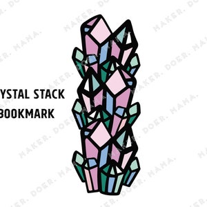 May include: A stack of colourful crystal-shaped bookmarks with black outlines. The crystals are pink, blue, and green.