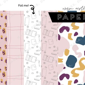 May include: Four digital paper designs in a warm aesthetic. The designs include a leopard print, a pink and white plaid, a pattern of notebooks and pens, and a pattern of abstract shapes in pink, purple, yellow, and blue.