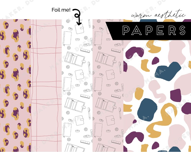 May include: Four digital paper designs in a warm aesthetic. The designs include a leopard print, a pink and white plaid, a pattern of notebooks and pens, and a pattern of abstract shapes in pink, purple, yellow, and blue.