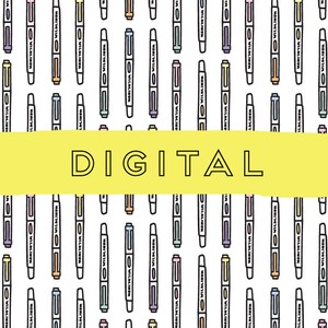 May include: A white background with a yellow banner that says "DIGITAL" in black text. The background is filled with a repeating pattern of black and white outlined markers in various pastel colors.