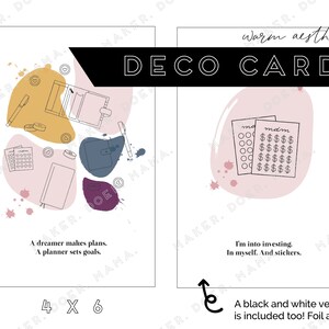 May include: Two printable cards with a warm aesthetic theme. The first card features a pink, yellow, and blue color scheme with a quote: "A dreamer makes plans. A planner sets goals." The second card features a pink color scheme with a quote: "I'm into investing. In myself. And stickers." Both cards are 4x6 inches.
