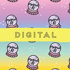 May include: A digital seamless pattern featuring a repeating design of a purple magic ball with the text "Magical AF" on a gradient background of pink, blue, and yellow with white dots.