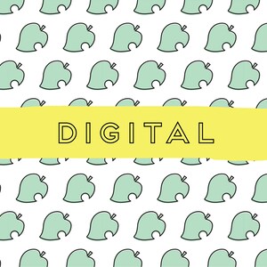 May include: A digital download graphic with a yellow brushstroke background and the word "DIGITAL" in black outlined text. The background is a white pattern of green leaf shapes.