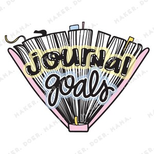 Könnte beinhalten: Eine Schwarzweißillustration eines geöffneten Buches mit dem Text "journal goals" in schwarzen Buchstaben. Das Buch ist von einem rosa und gelben Schein umgeben.