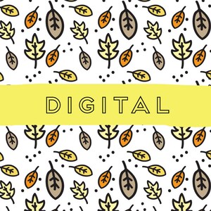 May include: A white background with a yellow banner that says "DIGITAL" in black text. The background is filled with a repeating pattern of black, orange, and yellow leaves.