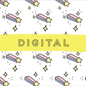 May include: A yellow digital download banner with the word "DIGITAL" in black text on a white background with a repeating pattern of pink, blue, and white shooting stars with yellow stars.
