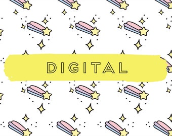 May include: A yellow digital download banner with the word "DIGITAL" in black text on a white background with a repeating pattern of pink, blue, and white shooting stars with yellow stars.