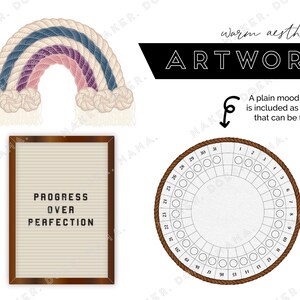 May include: A set of printable wall art featuring a rainbow made of rope, a letter board with the text "Progress Over Perfection", and a mood tracker with a rope border. The mood tracker has 30 circles for marking days.