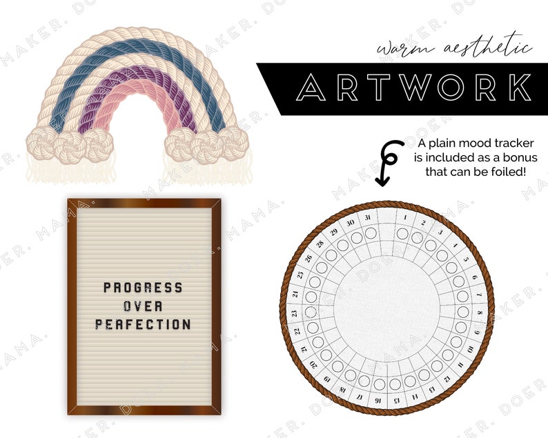 May include: A set of printable wall art featuring a rainbow made of rope, a letter board with the text "Progress Over Perfection", and a mood tracker with a rope border. The mood tracker has 30 circles for marking days.