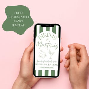 May include: A smartphone displays a green and white striped invitation with the text "Bikinis & Martinis" and "Sarah's Bachelorette 2025." The invitation also includes a bikini and martini illustration. The phone is held against a pink background.
