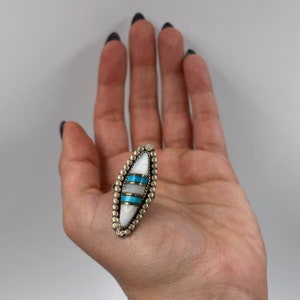 Vintage Old Pawn Navajo Mother of Pearl Turquoise Sterling silver and 14k gold inlay