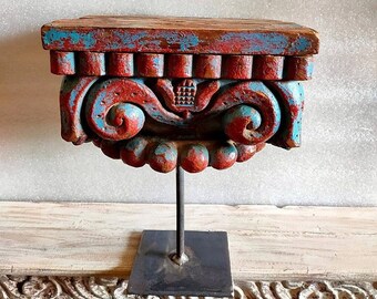 Soporte de candelabro de madera antiguo, base de pilar de estatua antigua pintada a mano, soporte tallado a mano, decoración de mesa india, decoración de madera para el hogar