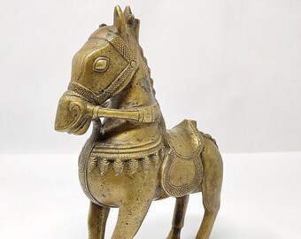 Antique Original Brass Fine Hand Carved Horse Statue Old Beautiful Floral Work Horse Statue Collectible Home Decor