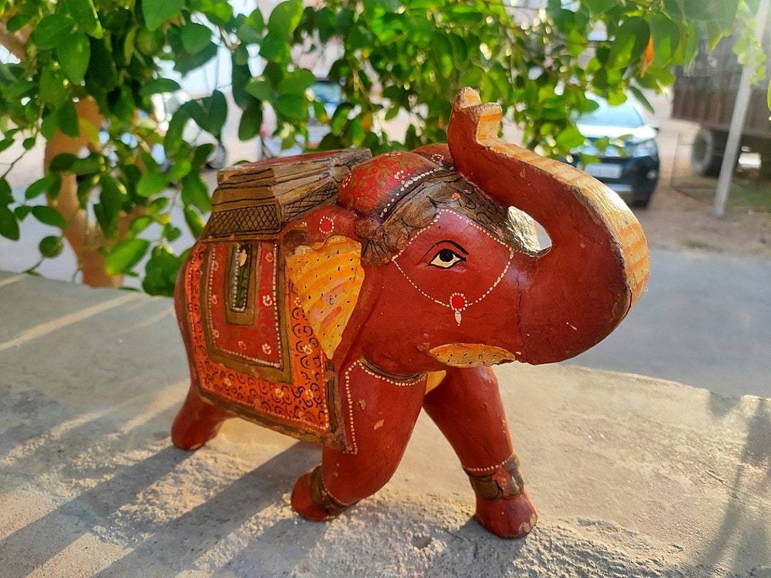 Vintage Elephant Statue Statuette Old Wooden Elephant Figure Hand Floral Painted Elephant