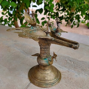 Antique Original Brass Oil Lamp Hand Engraved Peacock Carved Oil Lamp Old Unique Carved Oil Lamp Home Decor Door Lamp Indian Home Decor Lamp
