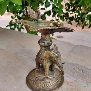 Antique Brass Elephant Carved Lamp Ancient Fine Elephant Peacock Figure Lamp Hand Made Door Lamp Welcome Lamp Diya Indian Home Decor