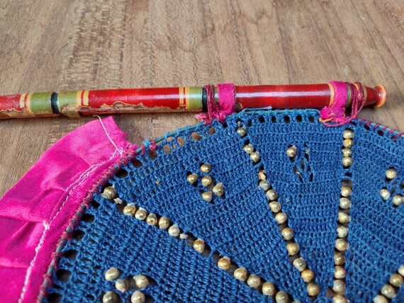 Old Beads Work Hand Fan Unique Thread Work Blue H… - image 9