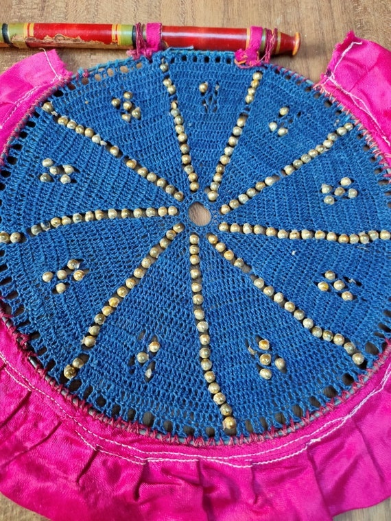 Old Beads Work Hand Fan Unique Thread Work Blue H… - image 7