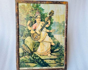 Marco de madera vintage, diosa religiosa hindú Mata Saraswati RAVI VARMA, impresión litográfica, antigua diosa india, impresión para colgar en la pared
