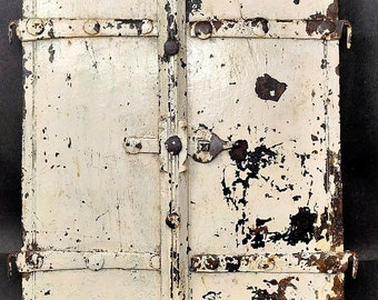 Antique Wood Painted Window Door Wooden Unique Iron Lock System Old Collectible Hand Carved Wooden Window