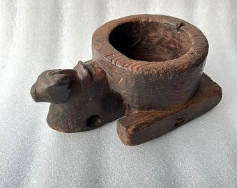 Antique Rare Wooden Fine Hand Carved Cow Figure Candle Holder Old Big Wooden Unique Holy Candle Holder Old Wooden Table Top Candle Holder