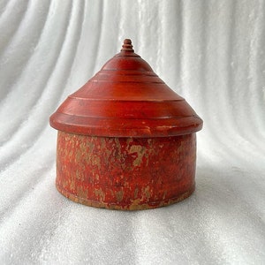 Antique Wooden Big Red Lacquer Tikka Box Old Hand Carved Holy Temple KumKum Powder Box Indian Home Decor Tikka Box