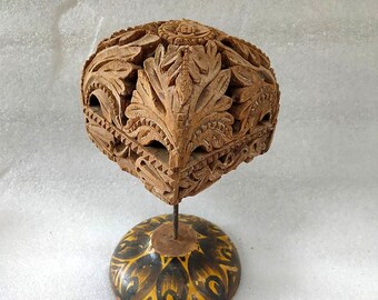 Base de pilar de madera india antigua, decoración de mesa, antiguo y fino trabajo floral tallado a mano, pisapapeles sobre soporte, decoración primitiva vintage para el hogar
