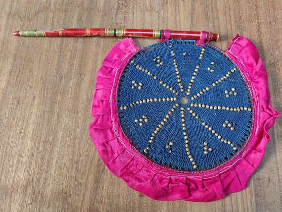 Old Beads Work Hand Fan Unique Thread Work Blue H… - image 6