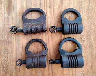 Antique Big Heavy Barrel Shape Iron Padlocks / Old Iron Padlock / Iron lock and key / Indian locks and keys Screw System locks 4 Pieces