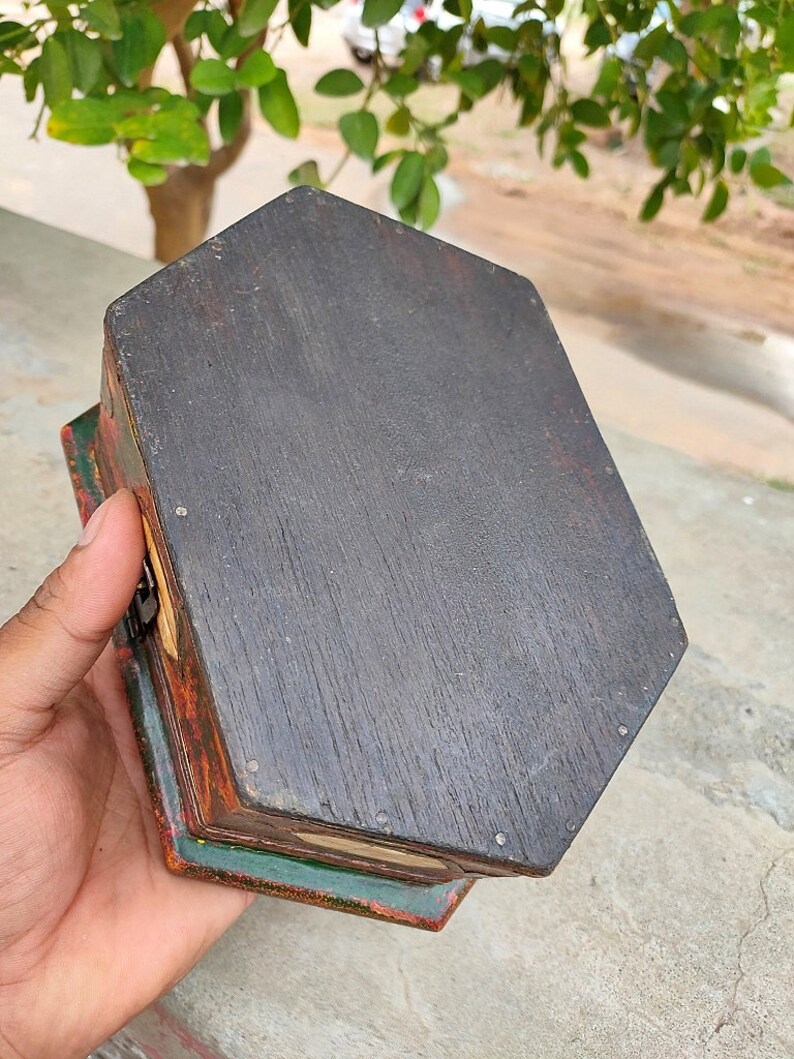 Antique Wooden Storage Box Old Artistic Hand Painted Box Brass Etsy