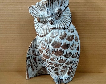 Vintage White Wash Owl Statue Hand Made Old Wooden Owl Figure Floral Carved Figurine Home Decor Indian Home Decor Statue