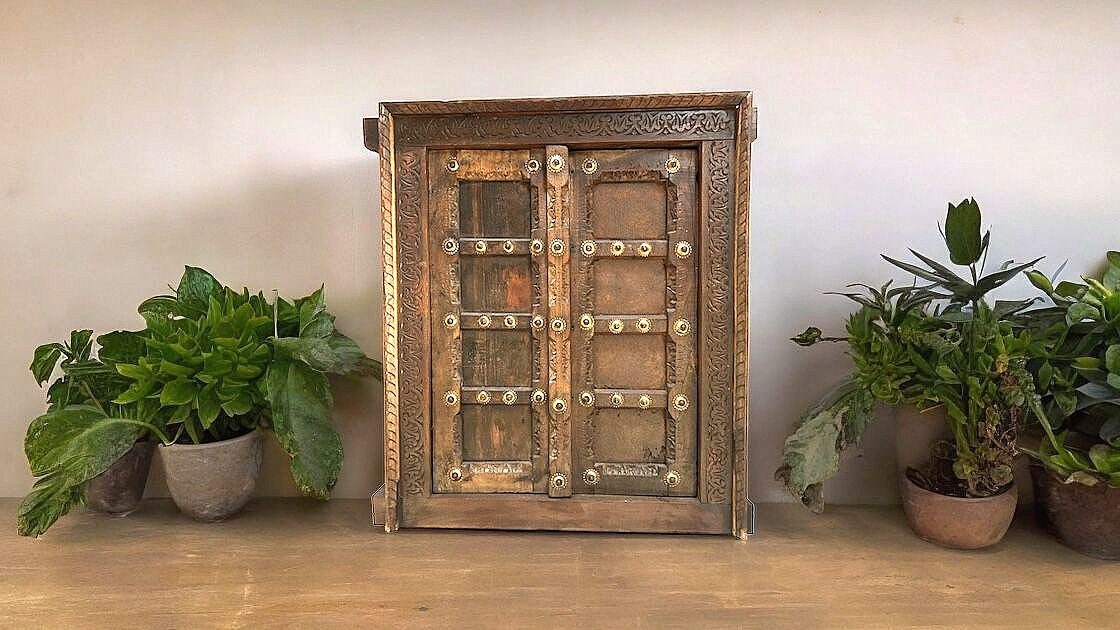 Vintage Wooden Hand Carved Window Old Indian Brass Fitted Wall Hanging Wooden Window Wooden Wall Decor Window