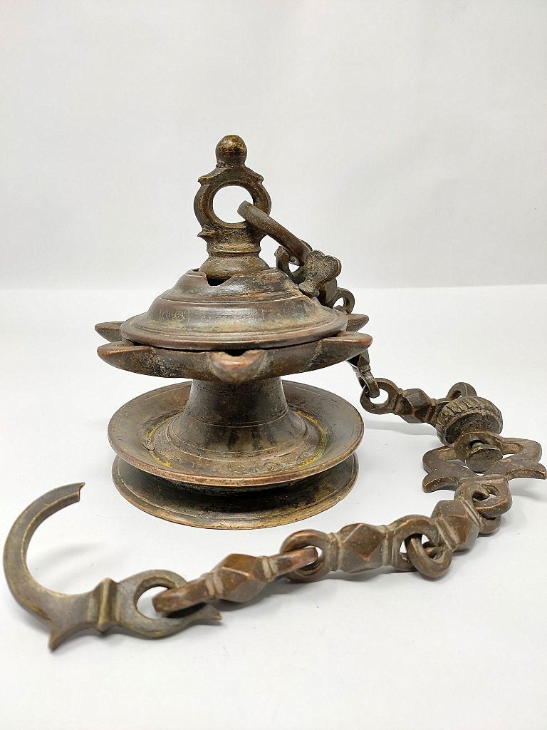 Antique brass sale hanging oil lamp