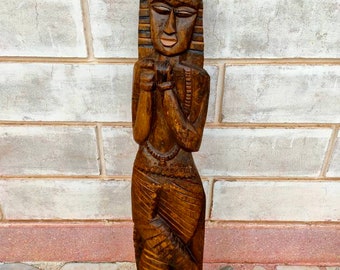 Vintage Wooden Tribal Statue Hand Carved Old Wood Woman Statue Figure Indian Home Decor Musician Statue Collectible Sculpture