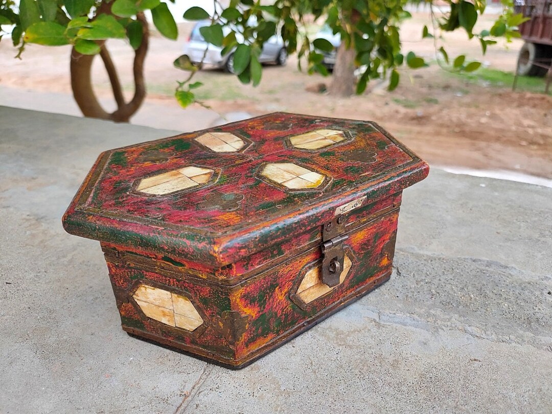 Antique Wooden Storage Box Old Artistic Hand Painted Box Brass Etsy