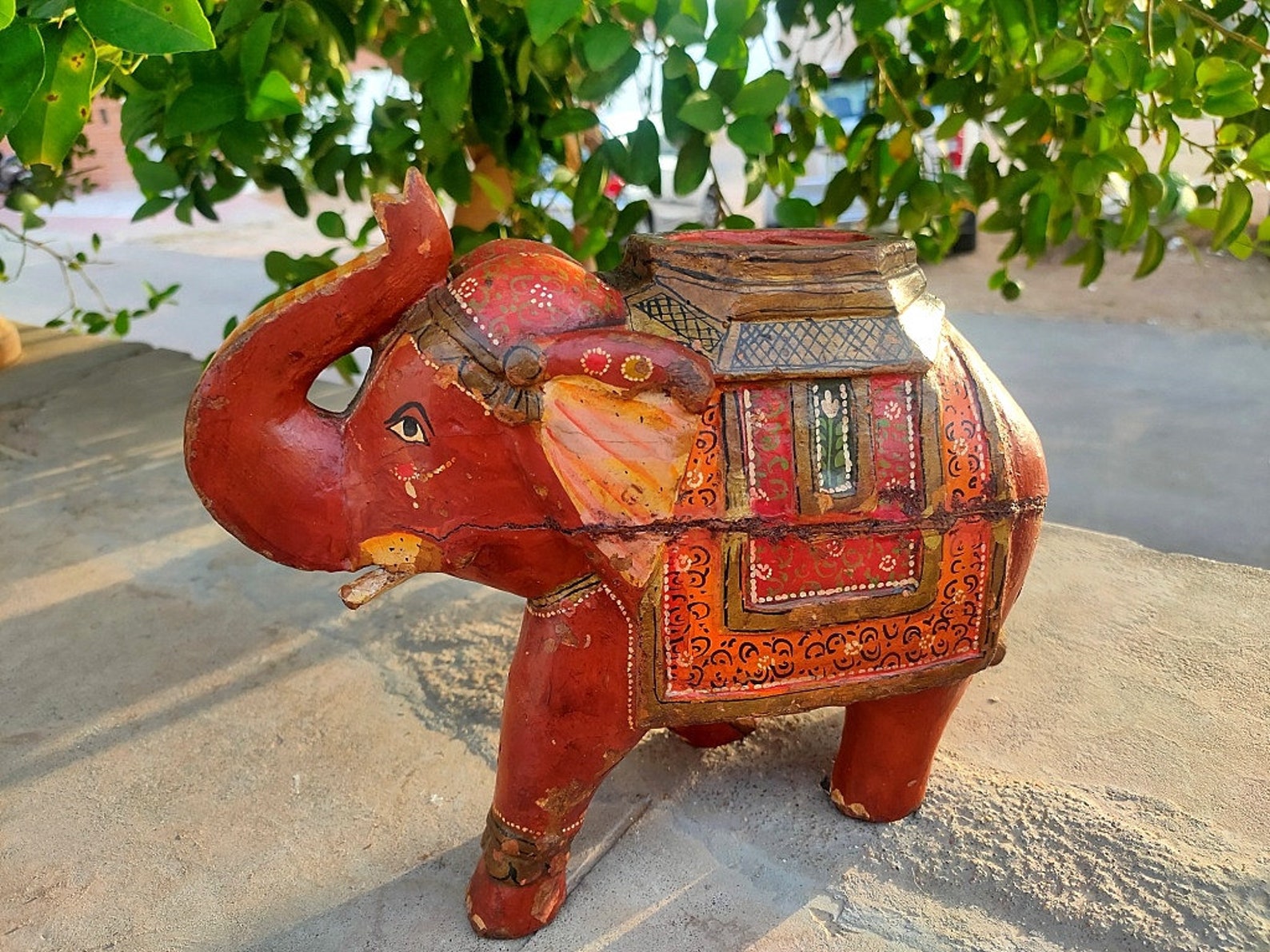 Vintage Elephant Statue Statuette Old Wooden Elephant Figure Hand Floral Painted Elephant
