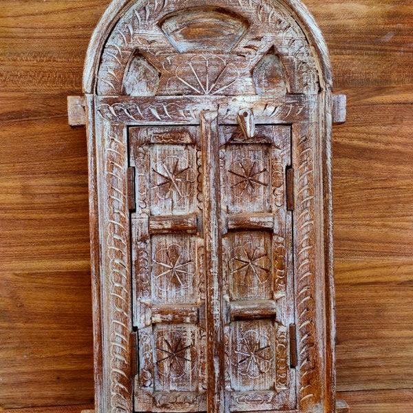 Wood Hand Floral Carved Window Door Framed Wooden Lock System Floral Work Door Hanging Home Decor Window