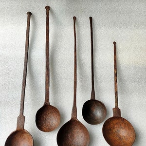 Antique Big Iron Hand Forged Cooking Spoon Old Indian Kitchen Used Serving Spoon Unique Design Cooking Spoon Ladle Big Cooking Spoon 5 Piece