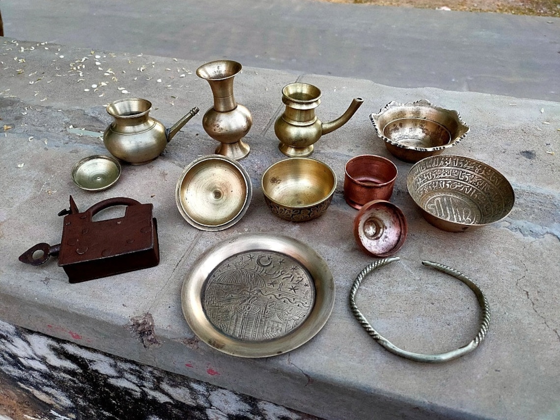 Old Brass Vase Mosque Carved Plate Urdu Written Bowl Religious Etsy