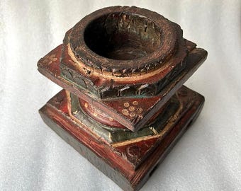 Antique Wooden Hand Carved Candle Holder Old Big Wooden Hand Painted Base Vintage Wooden Table Top Candle Holder Base