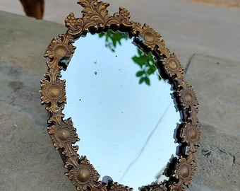 Antique Brass Victorian Mirror Floral Carved Unique Victoria Mirror Frame Collectible Indian Home Decor Old