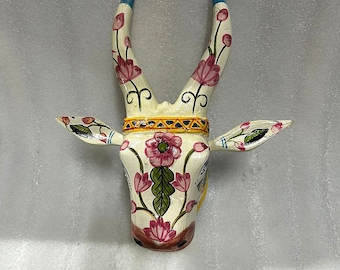 Wooden Indian Fine Hand Painting Hindu God Shree Nath Ji Work Holy Nandi Cow Face Wooden Hand Carved Wall Hanging Nandi Cow Face Wall Decor