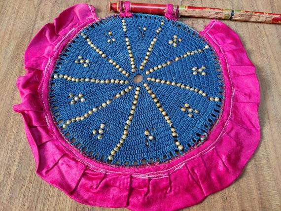 Old Beads Work Hand Fan Unique Thread Work Blue H… - image 2
